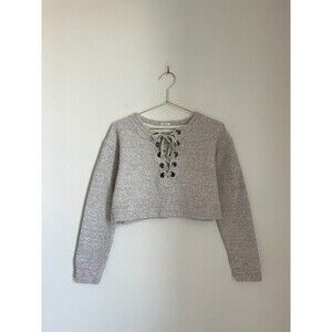 MOTHER Heather Gray Lace-Up Cropped Hoodie